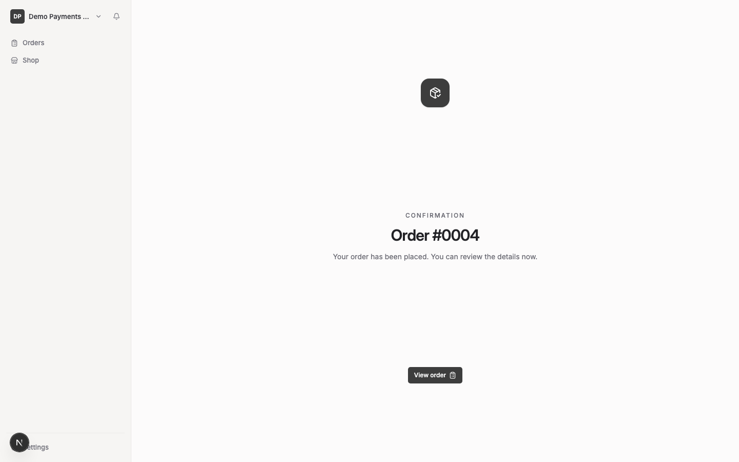 The order confirmation screen, showing the new order number, a confirmation message, and a View order button.