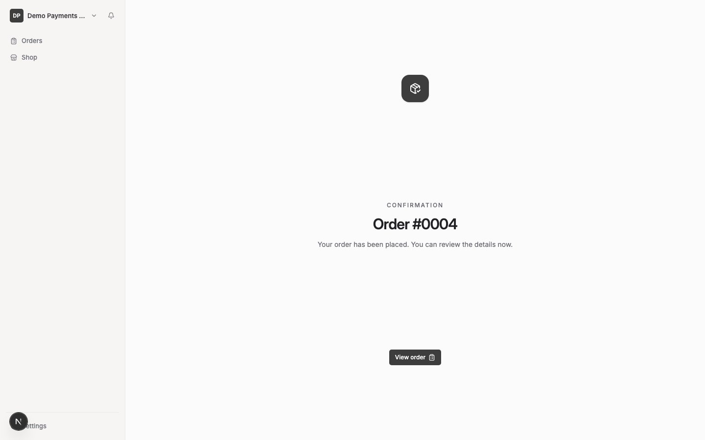 The order confirmation screen, showing the new order number, a confirmation message, and a View order button.
