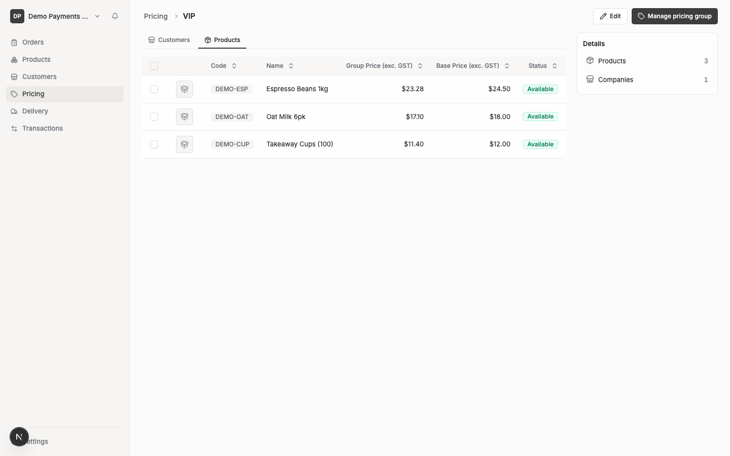 A pricing group's Products tab, showing the inline table of products with Code, Name, Group Price, Base Price and Status columns.