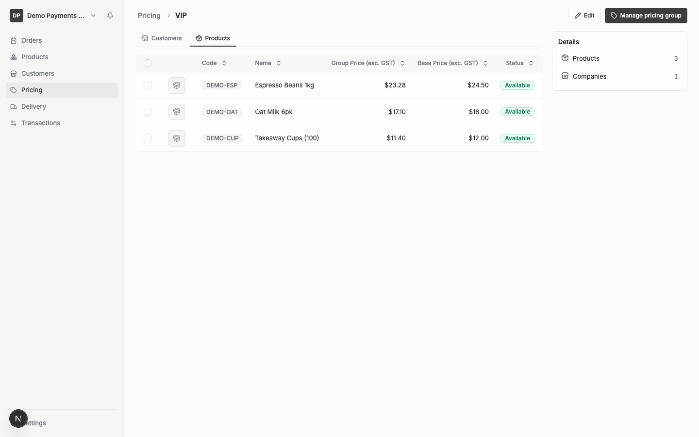 A pricing group's Products tab, showing the inline table of products with Code, Name, Group Price, Base Price and Status columns.