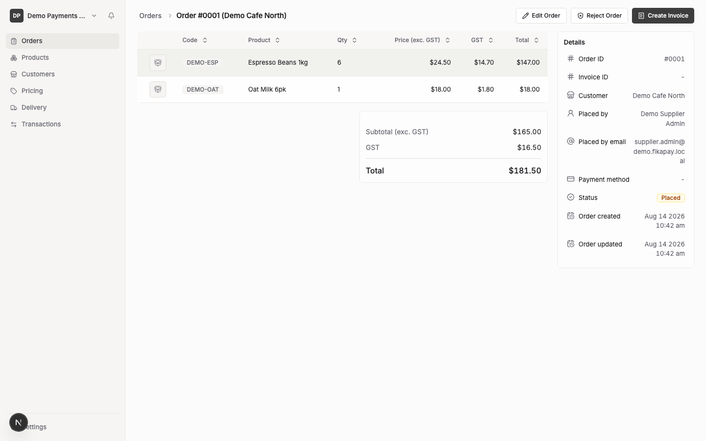 An order's detail page in Placed status, showing its customer, placed-by details, line items with quantities and unit prices, subtotal, GST and total.