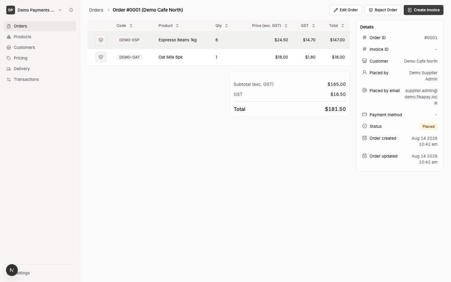 An order's detail page in Placed status, showing its customer, placed-by details, line items with quantities and unit prices, subtotal, GST and total.