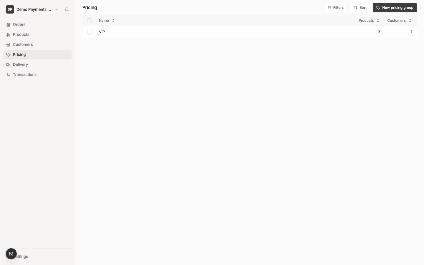 The Pricing page showing a list of pricing groups with their name, product count and customer count. The supplier's default group doesn't appear in this list.