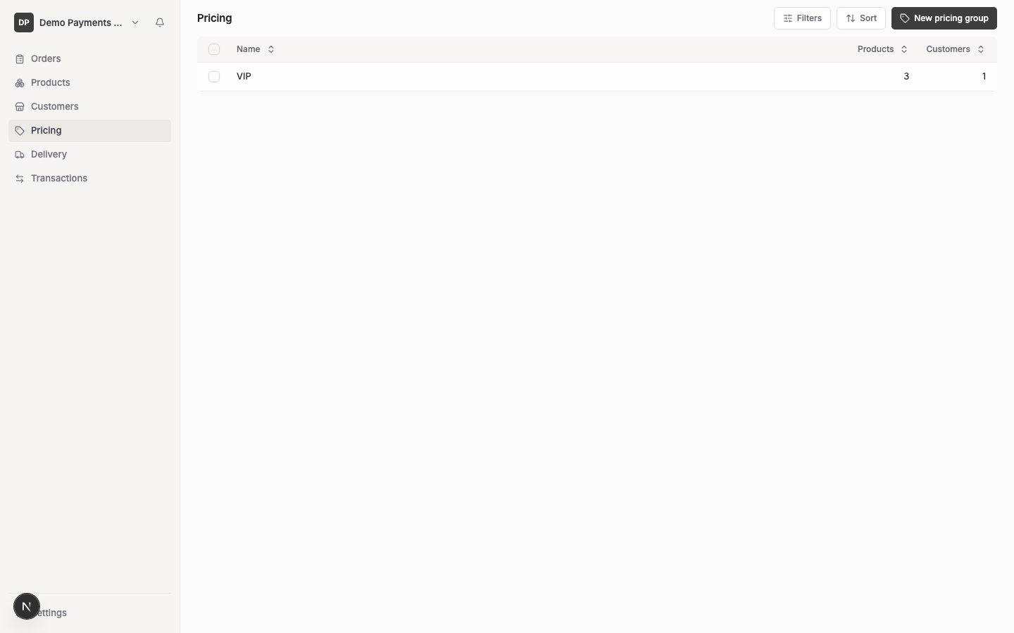 The Pricing page showing a list of pricing groups with their name, product count and customer count. The supplier's default group doesn't appear in this list.