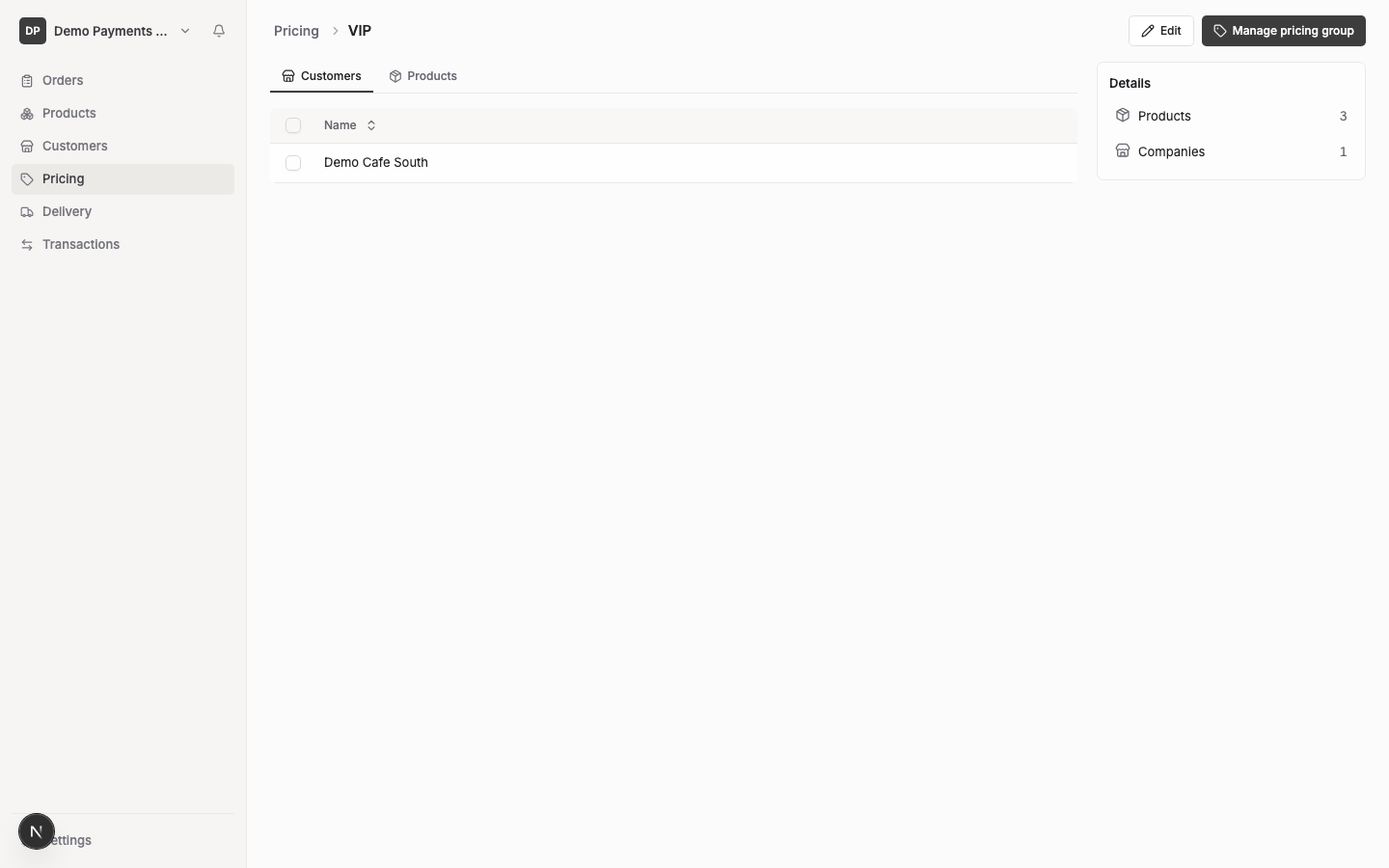 A pricing group's Customers tab, showing which customers are assigned to this group.