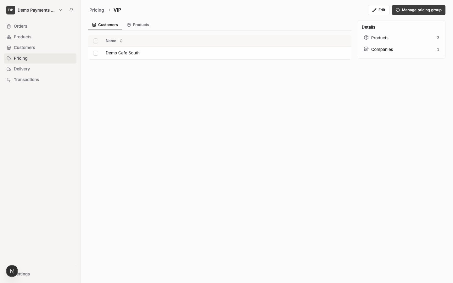 A pricing group's Customers tab, showing which customers are assigned to this group.