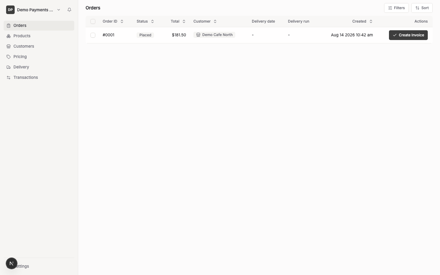 The Orders page showing a list of orders with Order ID, Status, Total, Customer, Delivery date, Delivery run, Created and Actions columns.