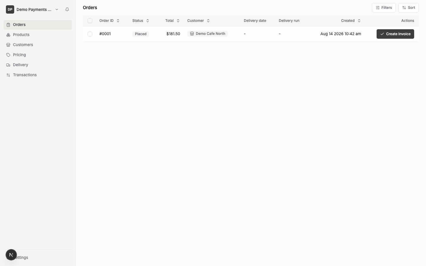 The Orders page showing a list of orders with Order ID, Status, Total, Customer, Delivery date, Delivery run, Created and Actions columns.