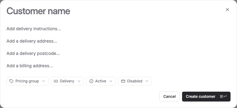 The New customer form, showing name, delivery instructions/address/postcode, billing address fields, and Pricing group, Delivery and Availability controls.