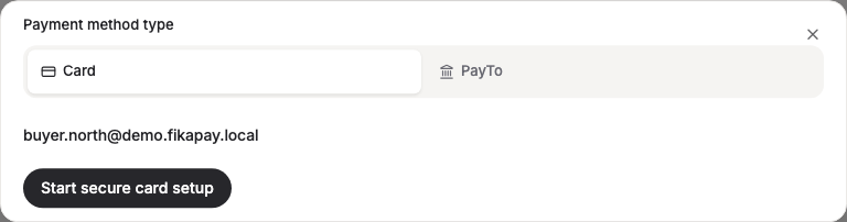 The New payment method modal with Card selected, showing the customer's email and the Start secure card setup button. The actual card-entry form is hosted by FikaTrade's payment provider and opens after this step.