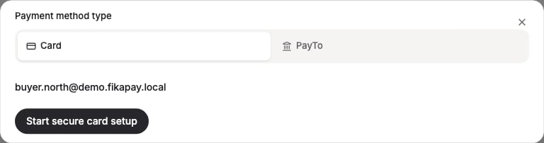 The New payment method modal with Card selected, showing the customer's email and the Start secure card setup button. The actual card-entry form is hosted by FikaTrade's payment provider and opens after this step.
