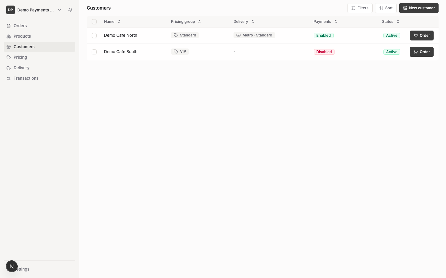 The Customers page showing a list of customers with their name, pricing group, delivery and status.