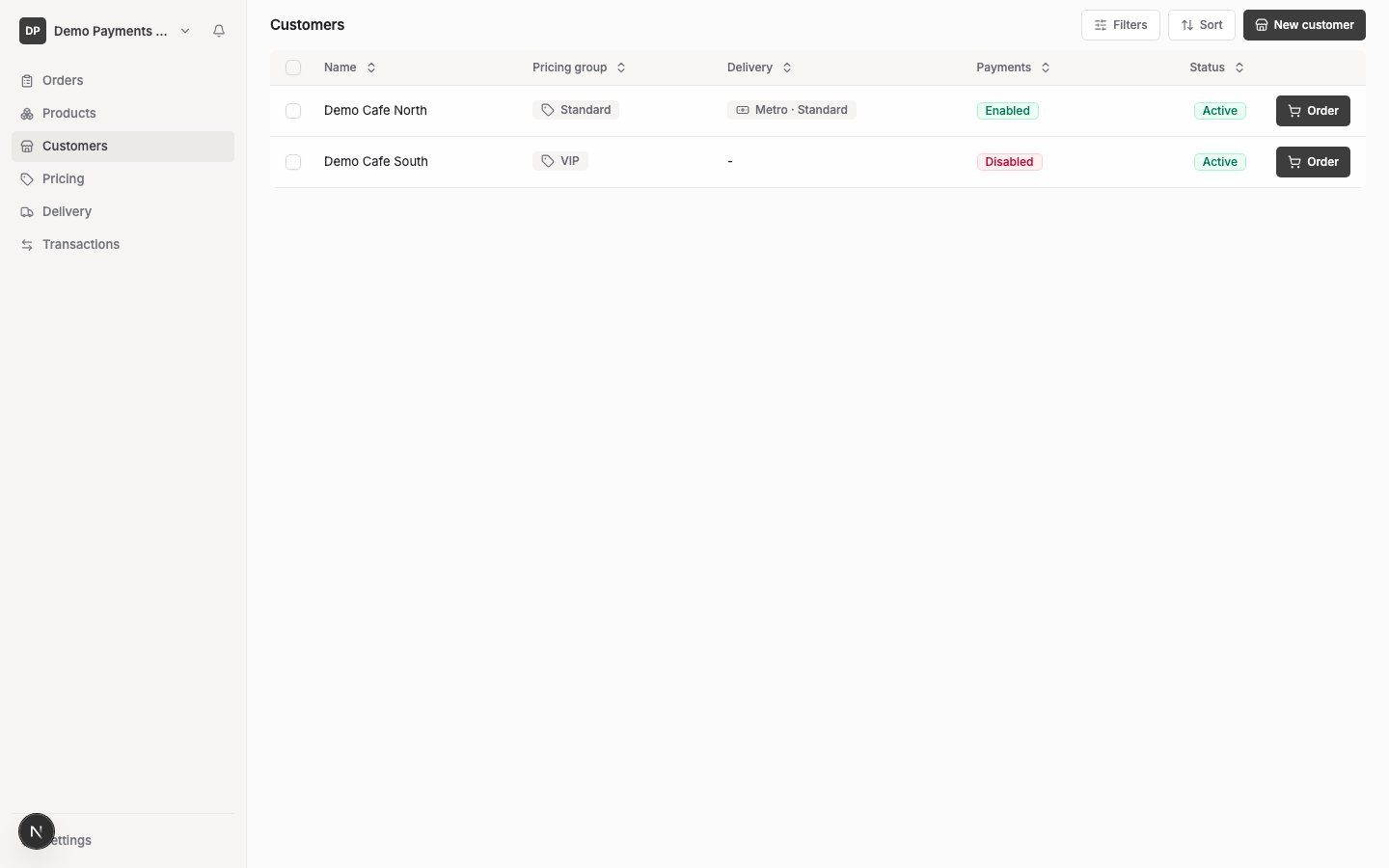 The Customers page showing a list of customers with their name, pricing group, delivery and status.