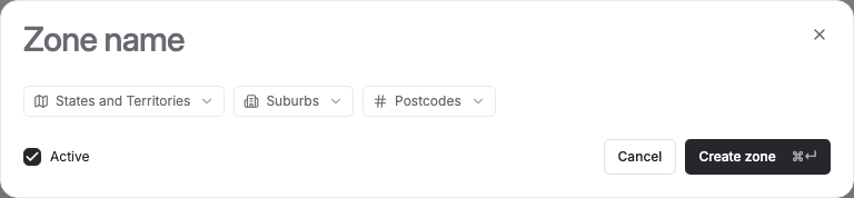 The New delivery zone form, showing the zone name field and States and Territories / Suburbs / Postcodes tabs for adding coverage.