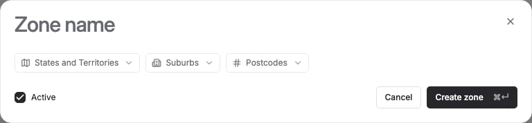 The New delivery zone form, showing the zone name field and States and Territories / Suburbs / Postcodes tabs for adding coverage.