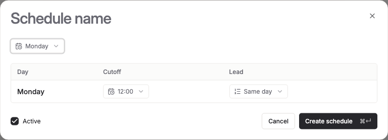 The New delivery schedule form with Monday selected, showing the per-day Cutoff time and Lead time columns that appear once a day is toggled on.