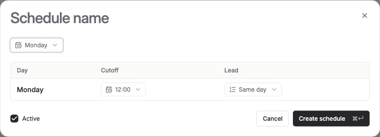The New delivery schedule form with Monday selected, showing the per-day Cutoff time and Lead time columns that appear once a day is toggled on.
