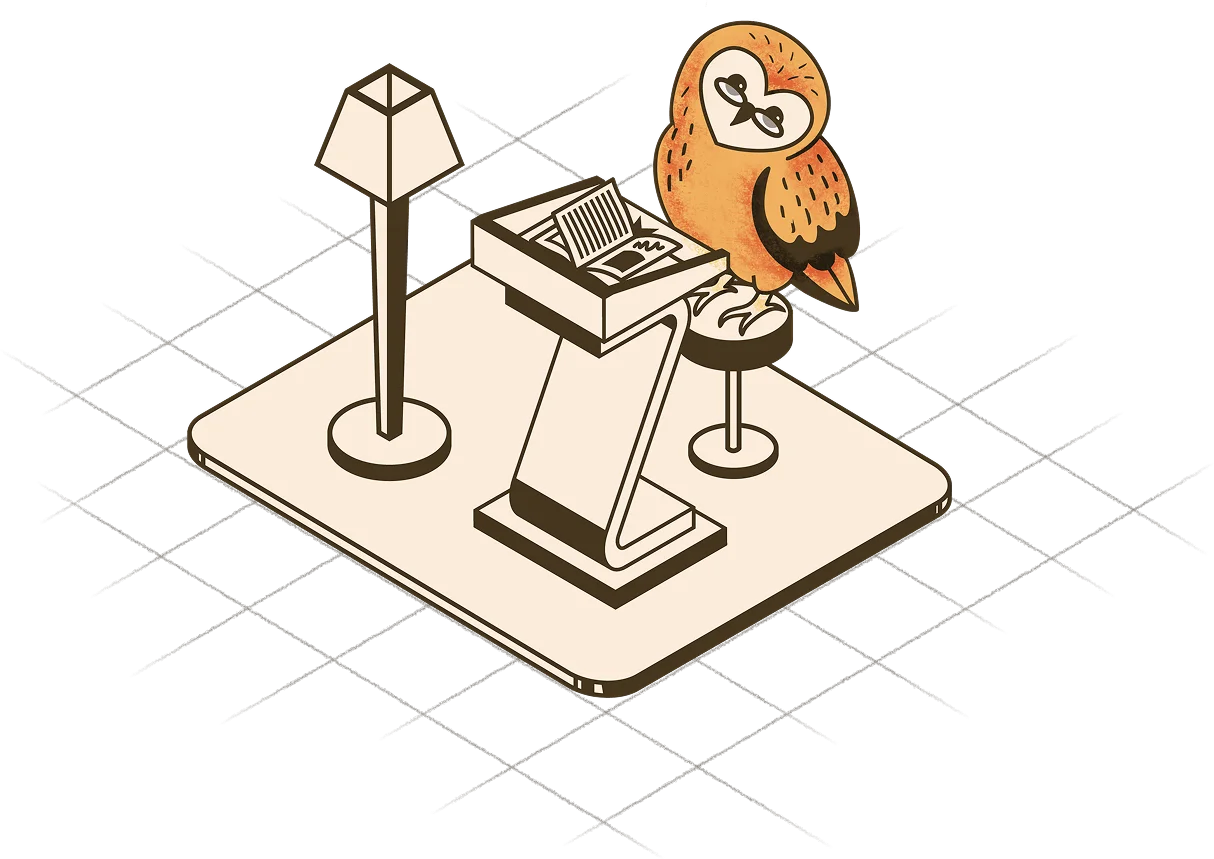 Barney the owl reading a documentation book