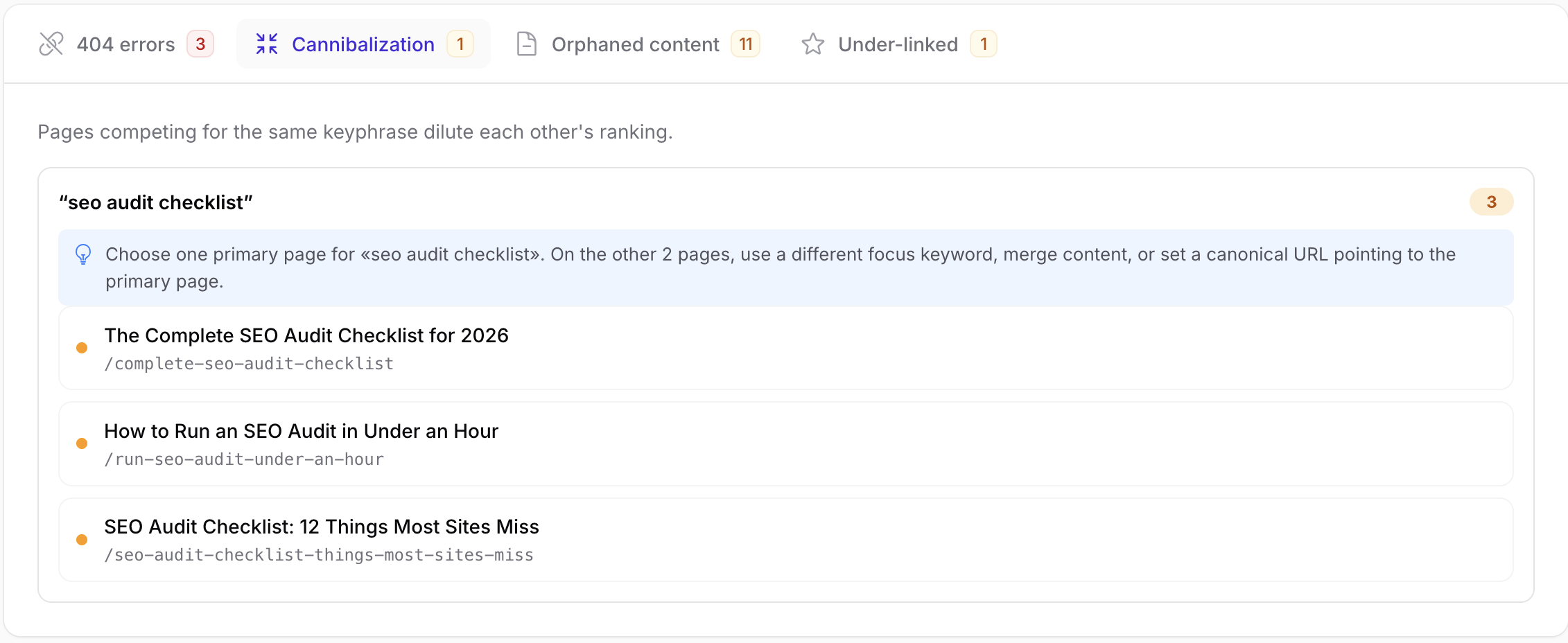 FilaRank keyword cannibalization warnings when multiple records share a focus keyphrase