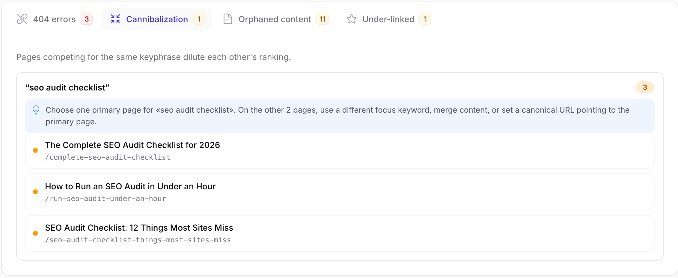 FilaRank keyword cannibalization warnings when multiple records share a focus keyphrase