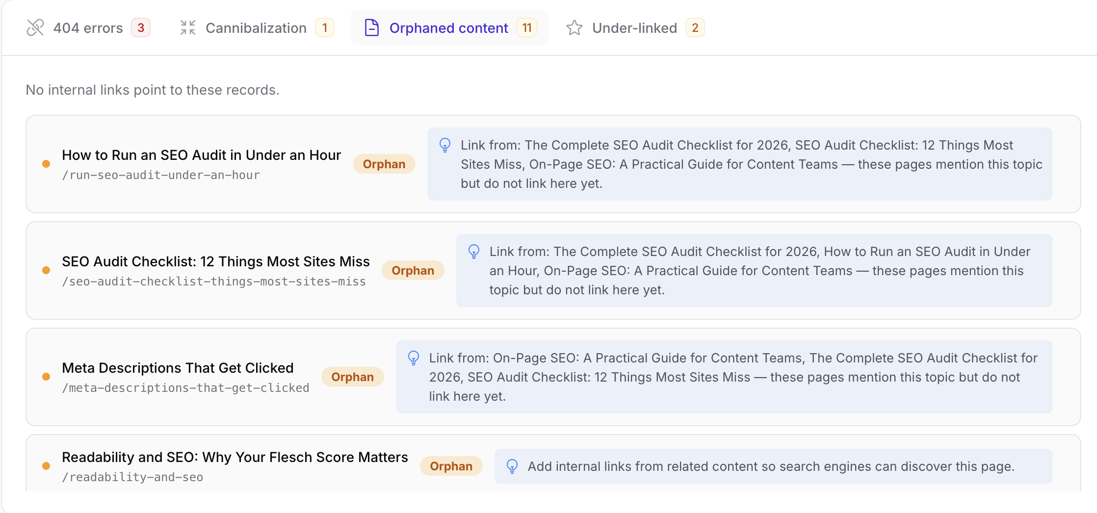 FilaRank internal linking suggestions and orphaned content report in the SEO Health dashboard
