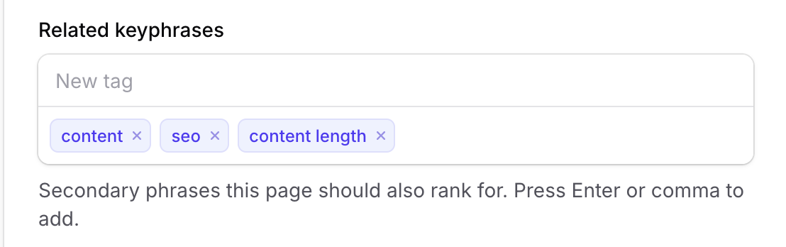 FilaRank related keyphrases field with per-phrase SEO analysis in Filament