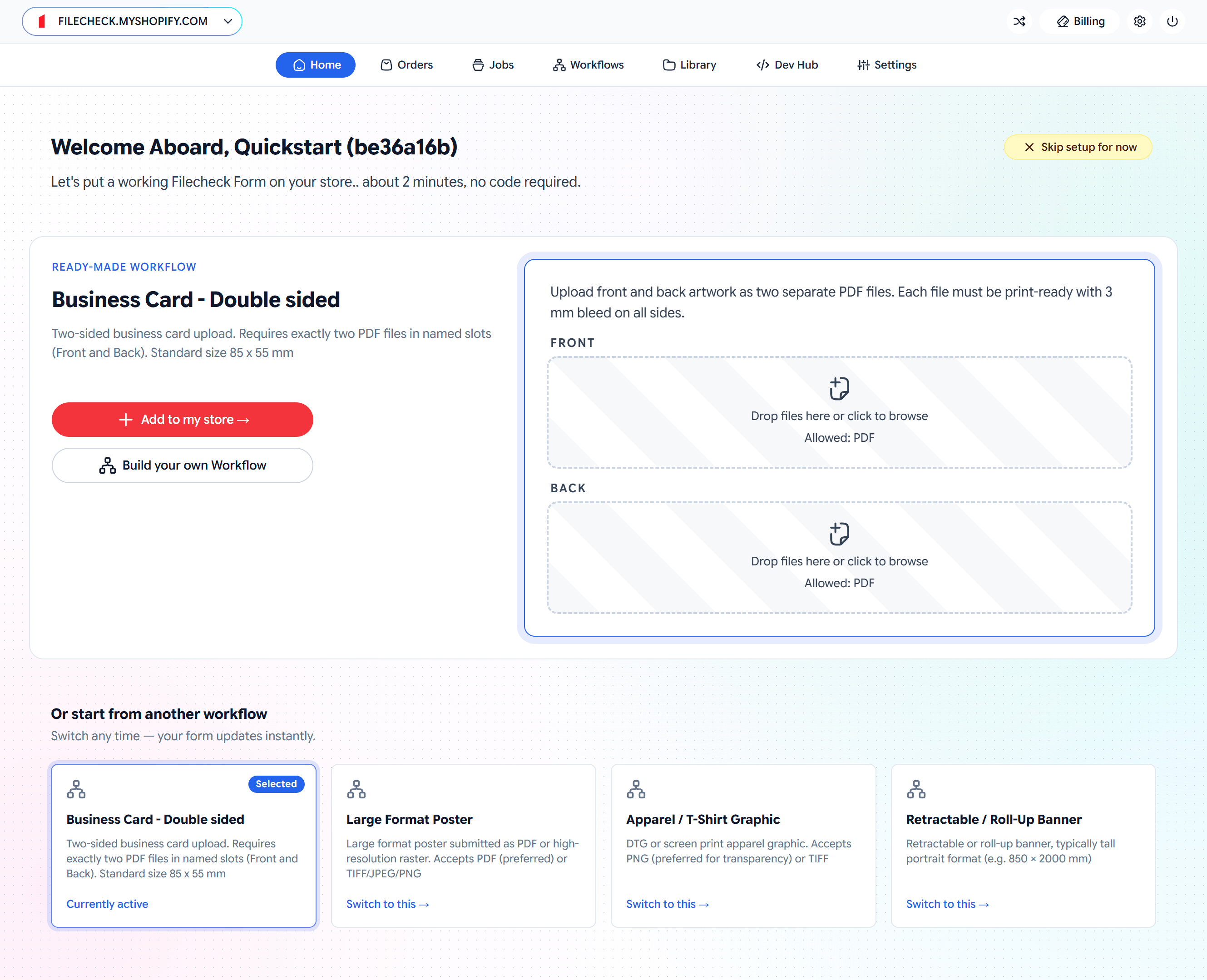 Filecheck admin onboarding screen shown right after installing the Shopify app