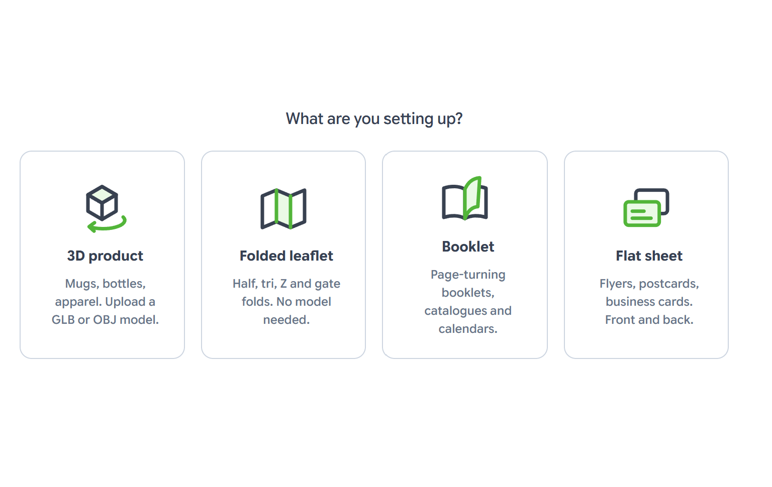 The Scene Studio asking What are you setting up?, with 3D product, Folded leaflet, Booklet and Flat sheet options