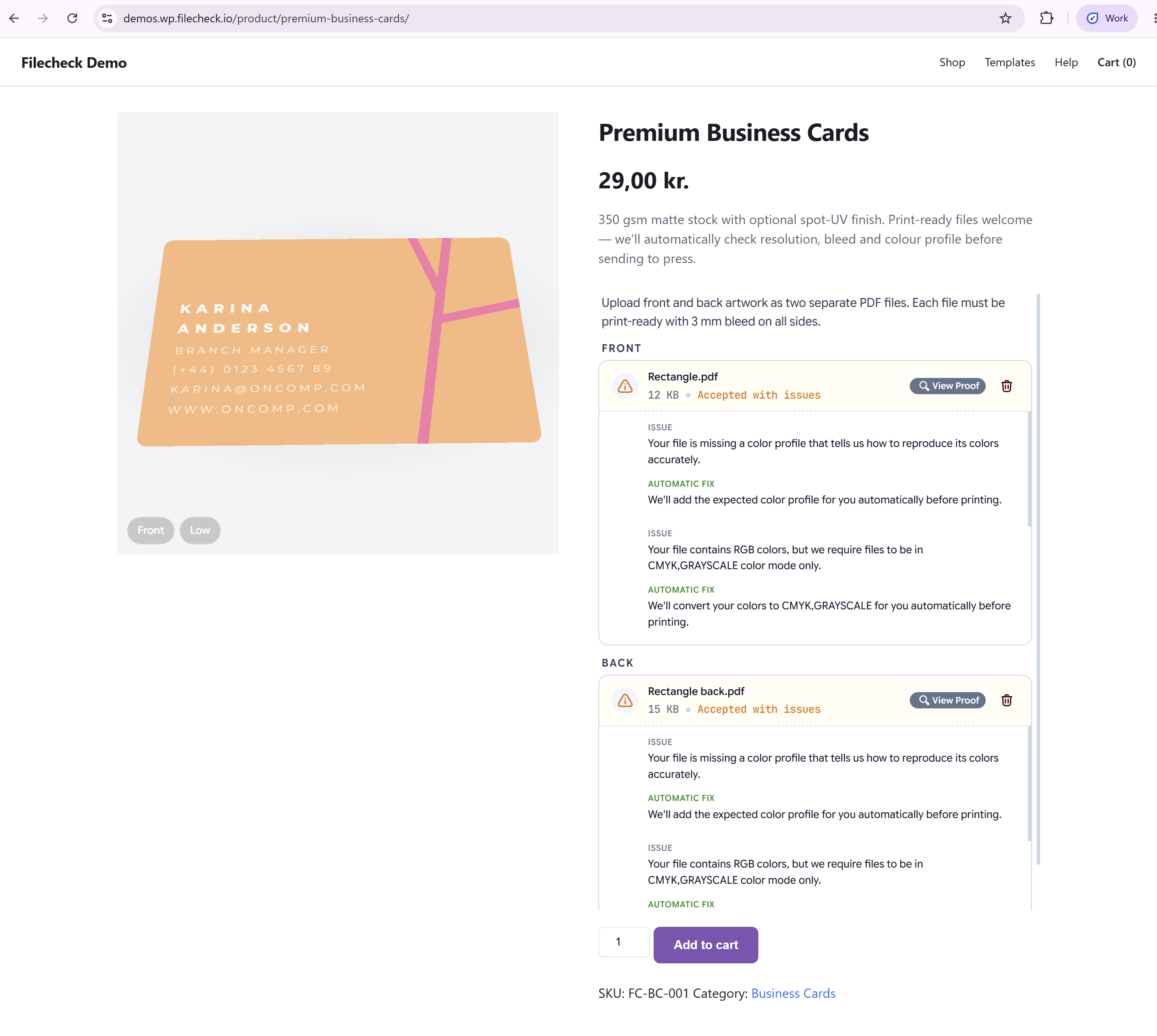 A WooCommerce product page for business cards, where the product gallery shows the customer's uploaded card design on the card, next to the front and back uploads