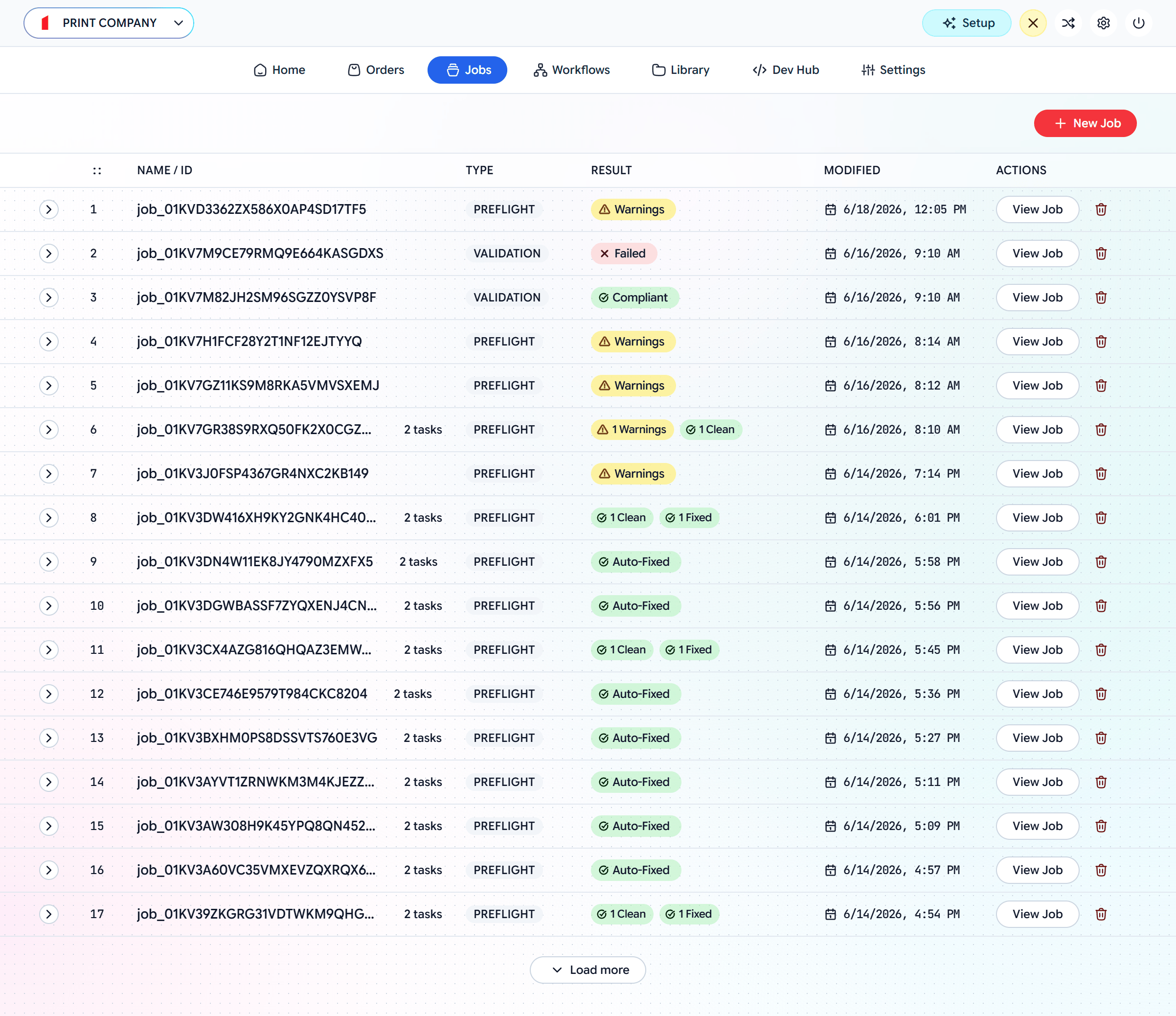 Jobs list showing job IDs, types, and results such as Warnings, Failed, Clean, Auto-Fixed