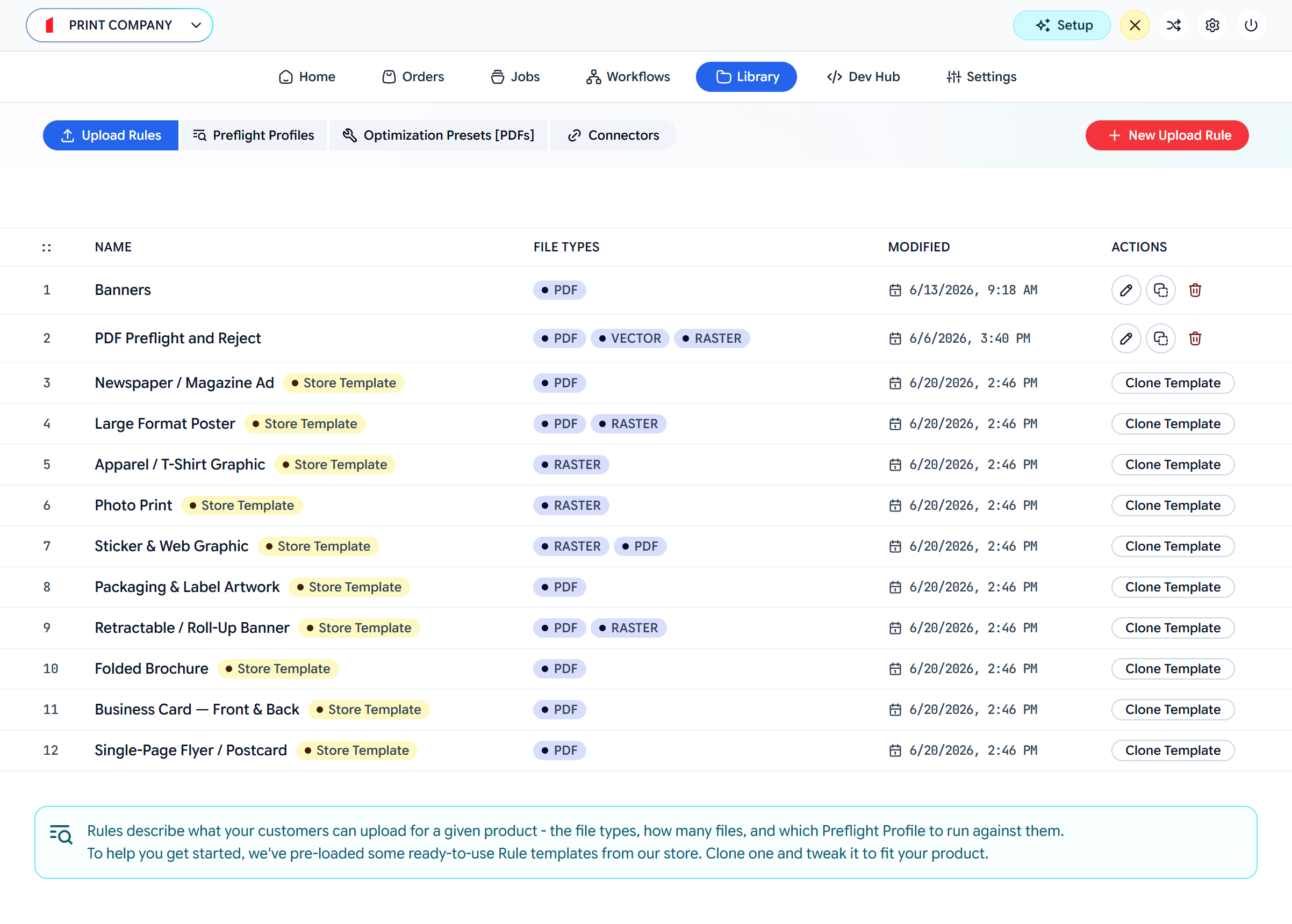 Upload Rules list in the Library with file types and clone-template actions
