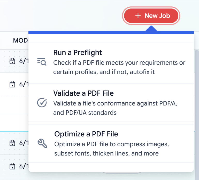 New Job menu: Run a Preflight, Validate a PDF File, Optimize a PDF File