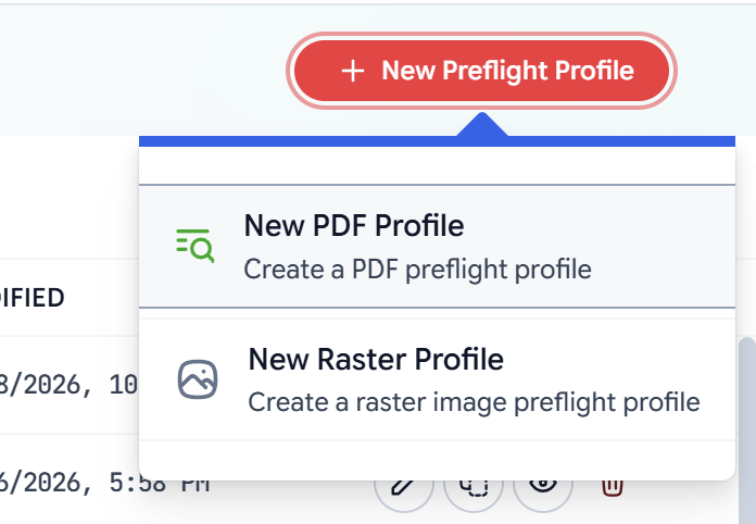 New Preflight Profile menu showing New PDF Profile and New Raster Profile options