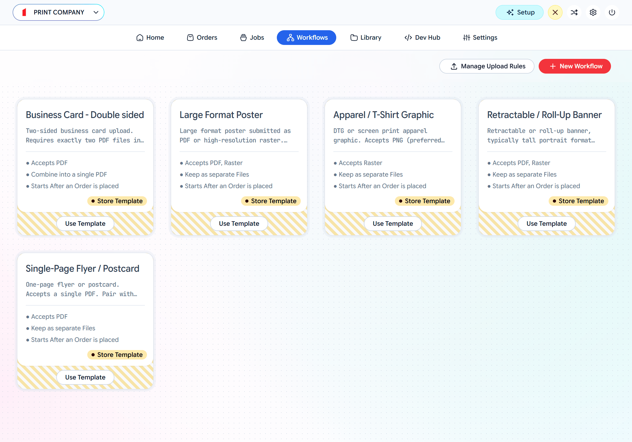 Workflows gallery showing product templates like Business Card, Large Format Poster, Apparel