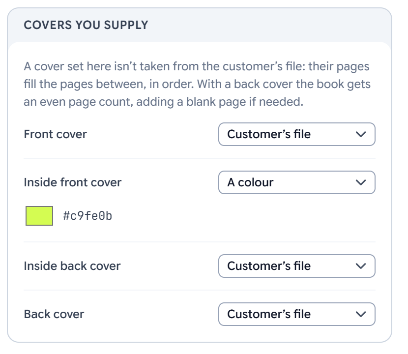 The Covers you supply card: the front, inside back and back covers use the customer's file, and the inside front cover is set to a colour