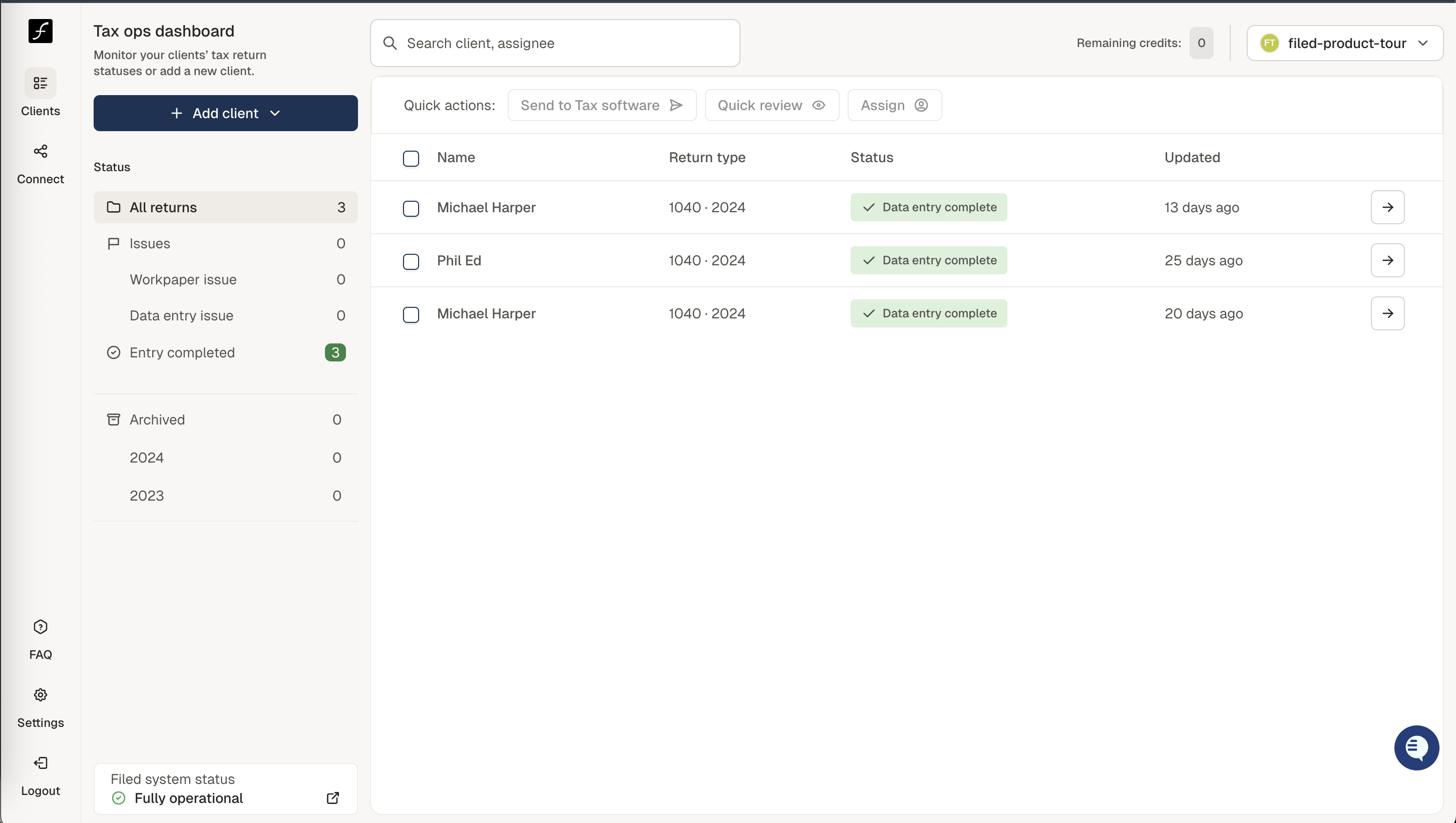 Screenshot of Filed tax ops dashboard