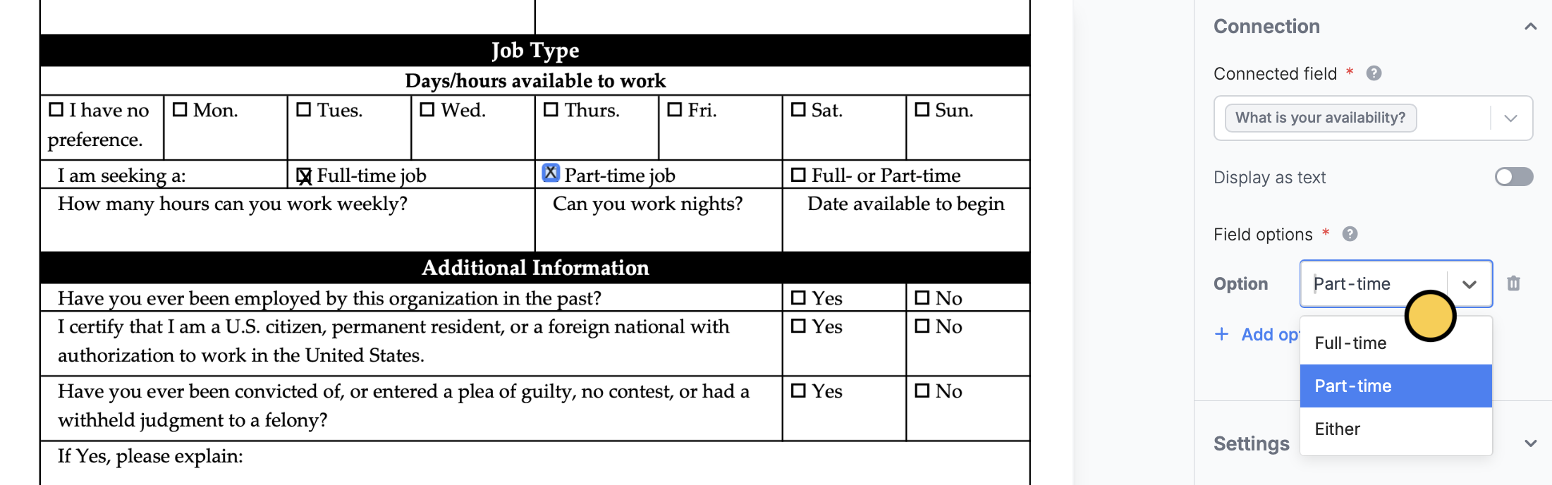 Screenshot of the Integrate tab of a form