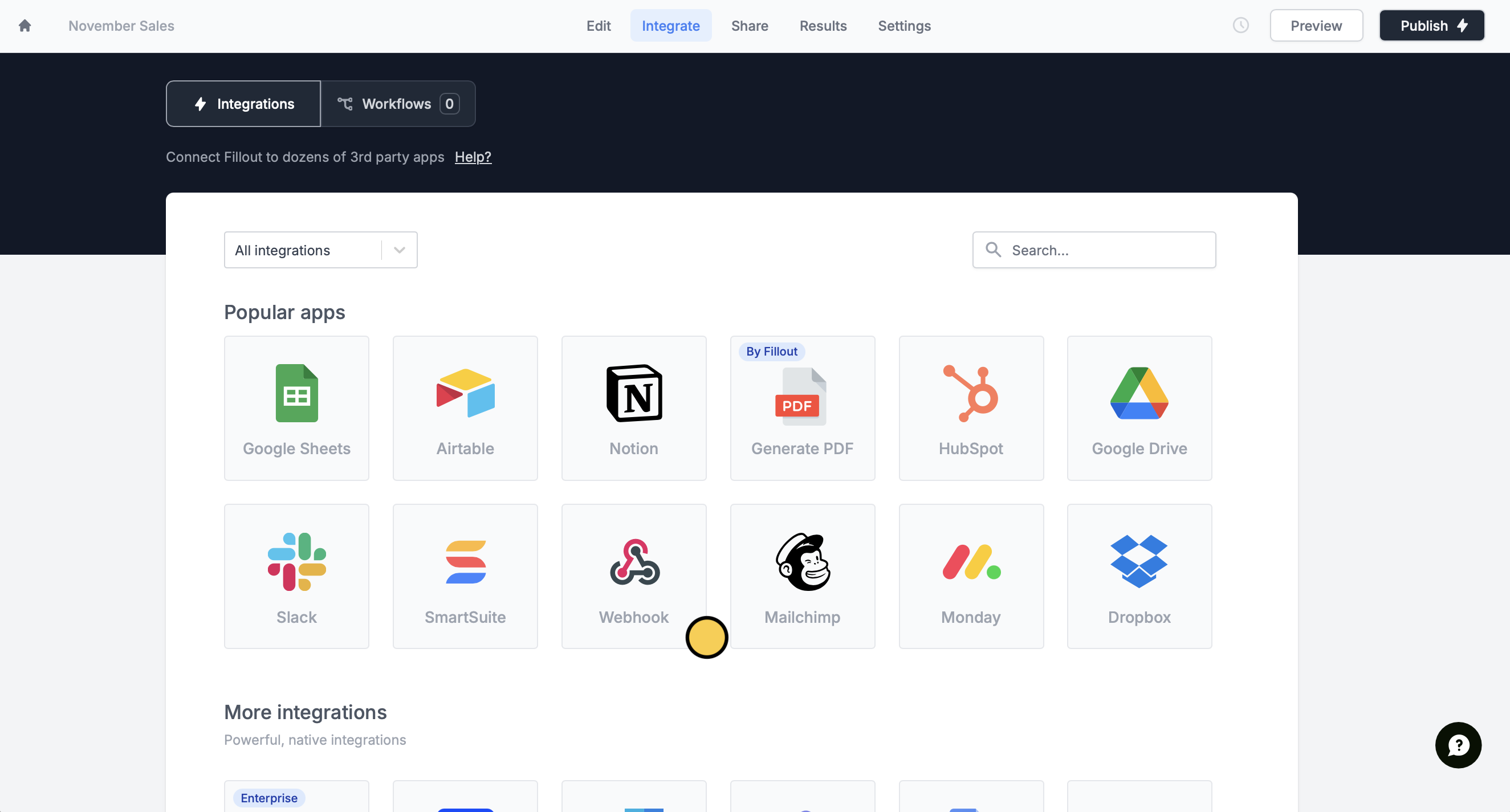 Screenshot of the Fillout form creation page