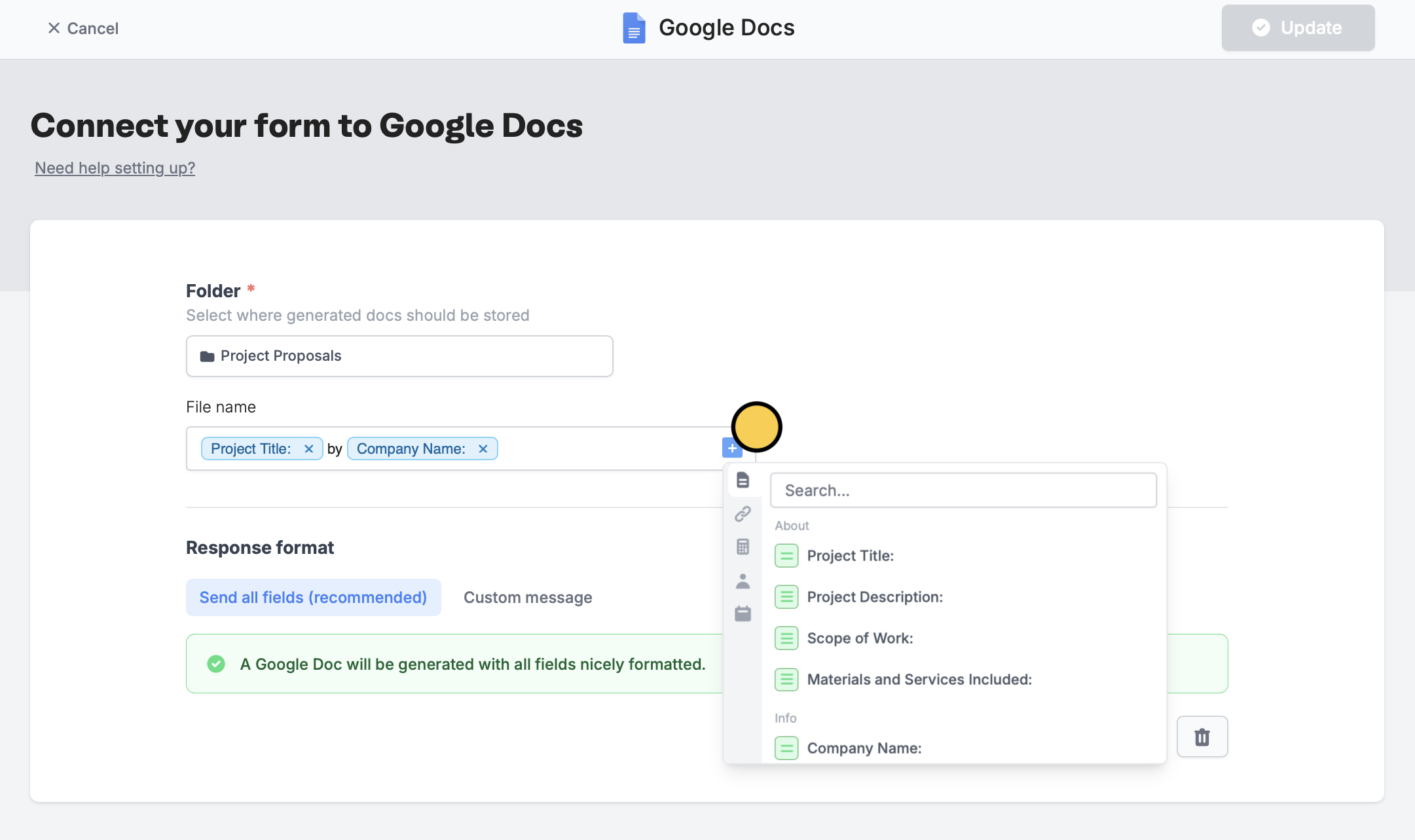 Screenshot of the Integrate tab of a form