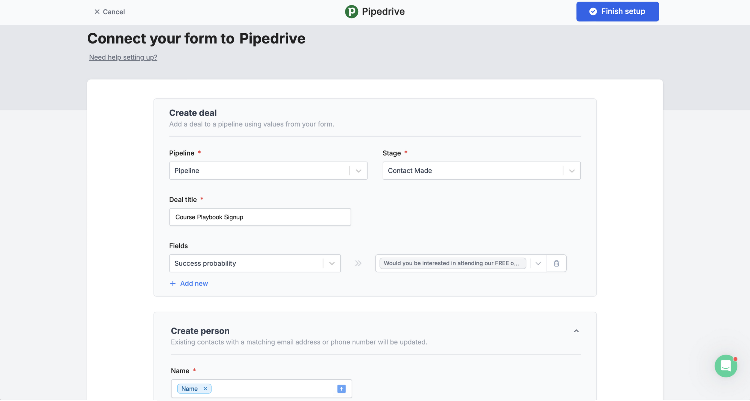 Screenshot of the Integrate tab of a form