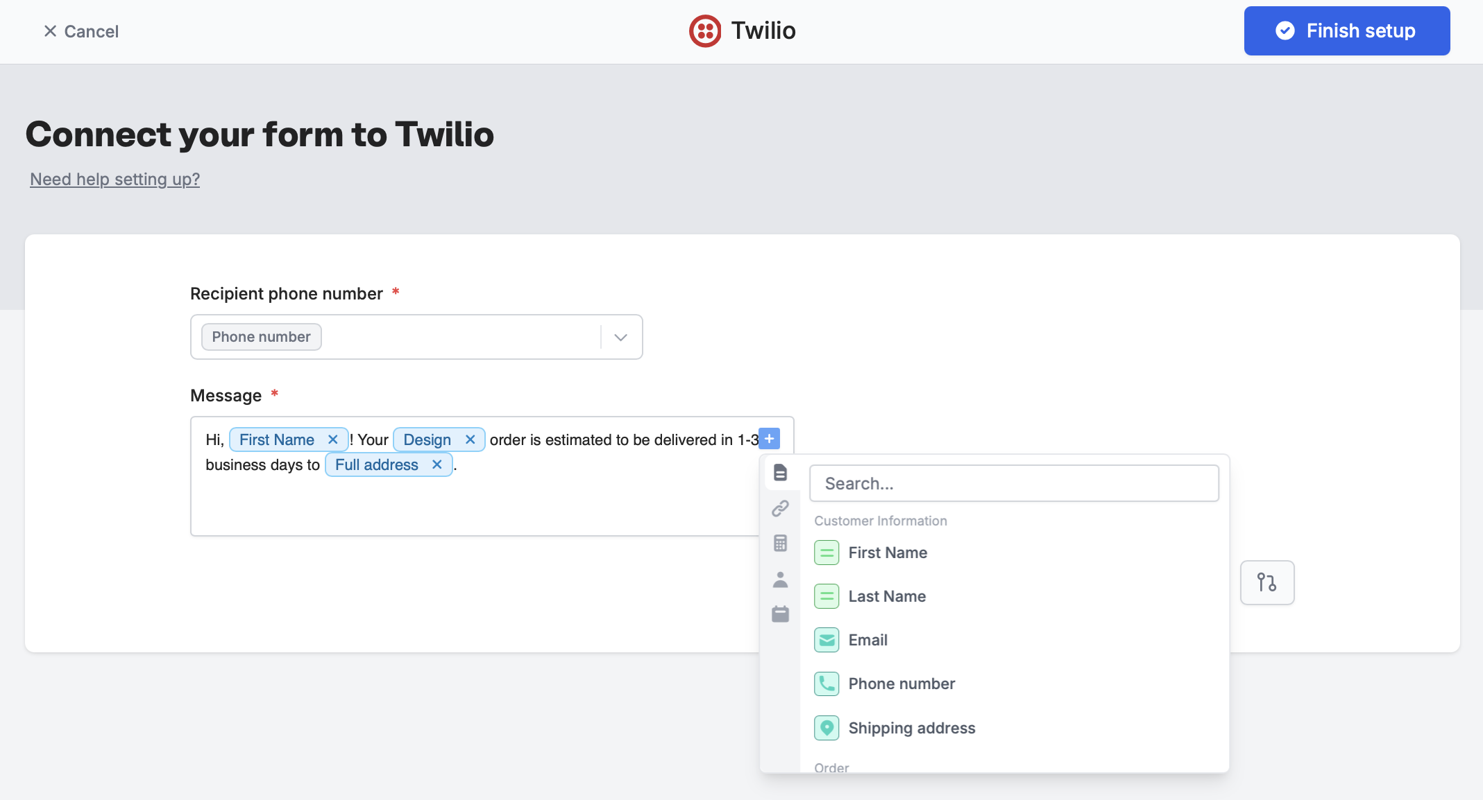 Screenshot of the Integrate tab of a form