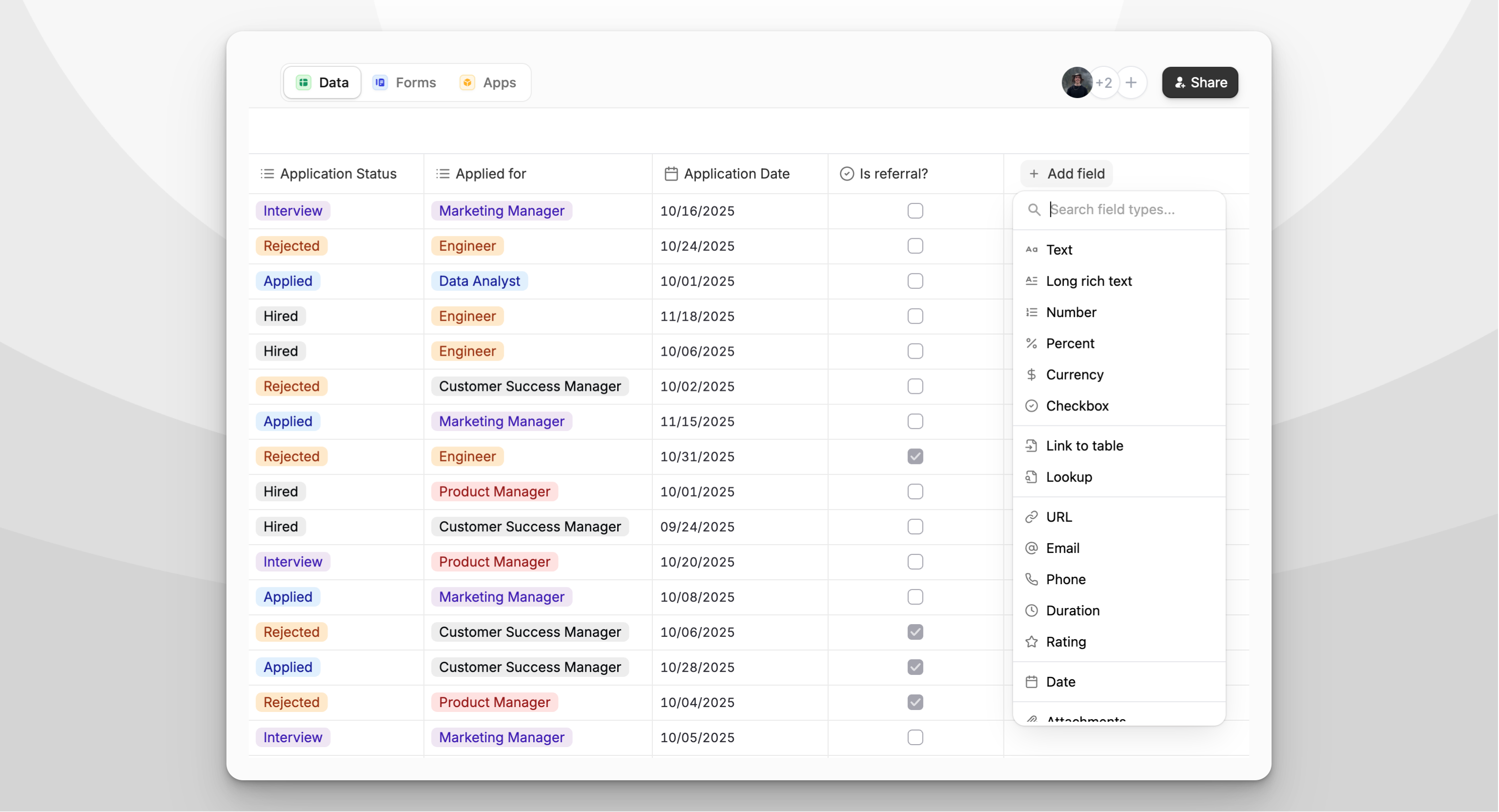 Database view showing applicant data with various fields