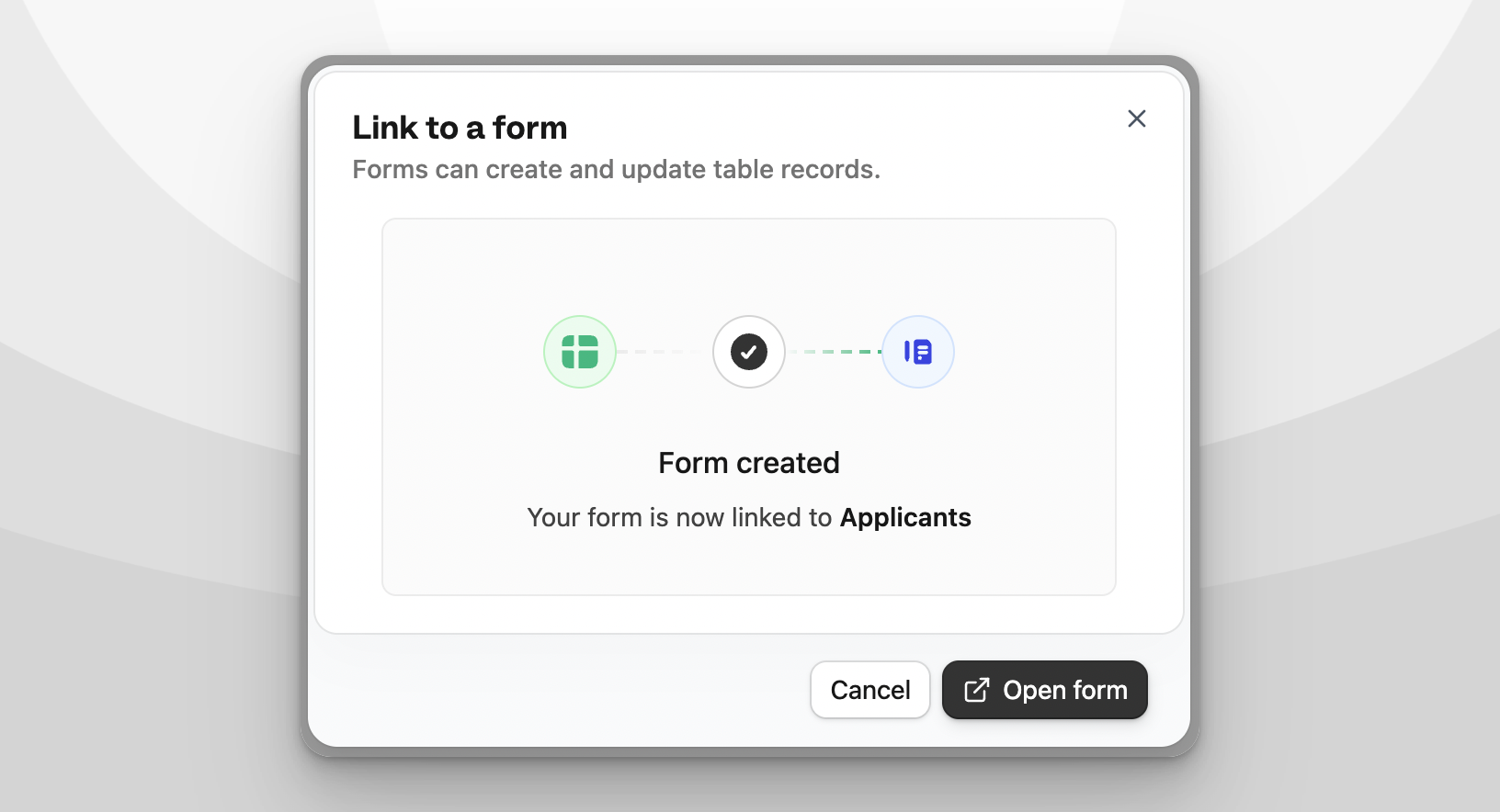 Link to a form dialog showing form creation linked to Applicants table