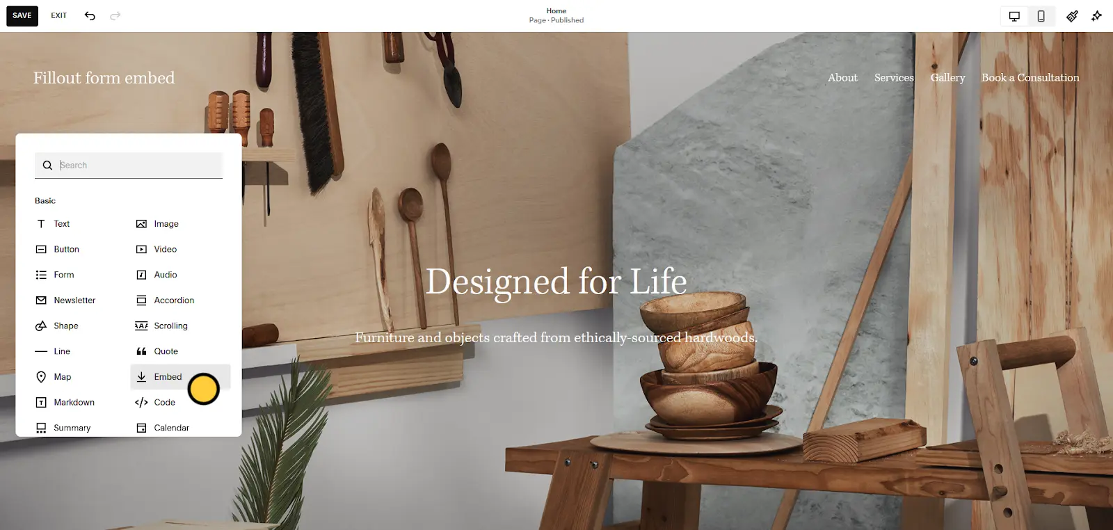 Screenshot of the Embed block in Squarespace