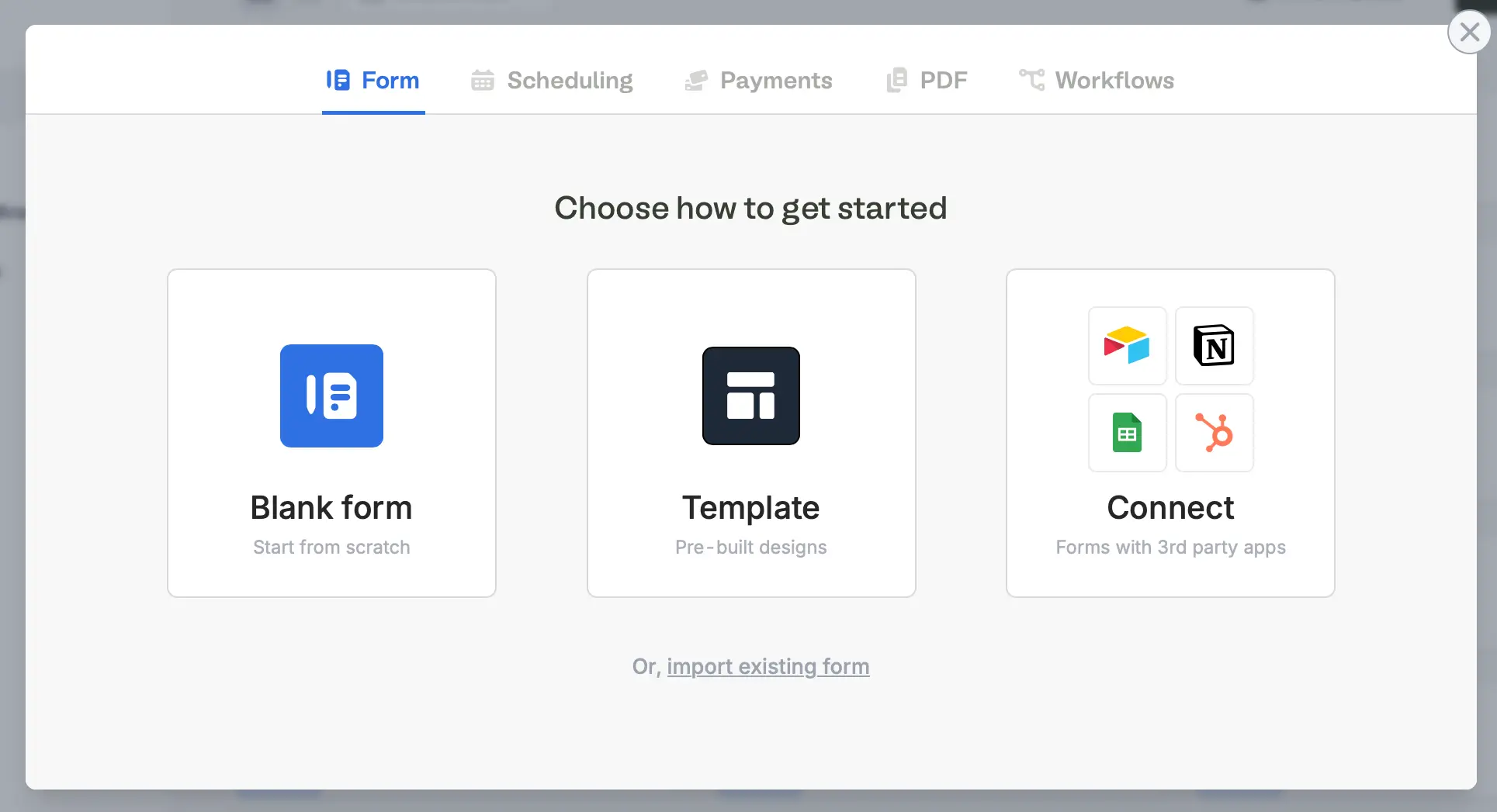 Screenshot of the Fillout form creation page