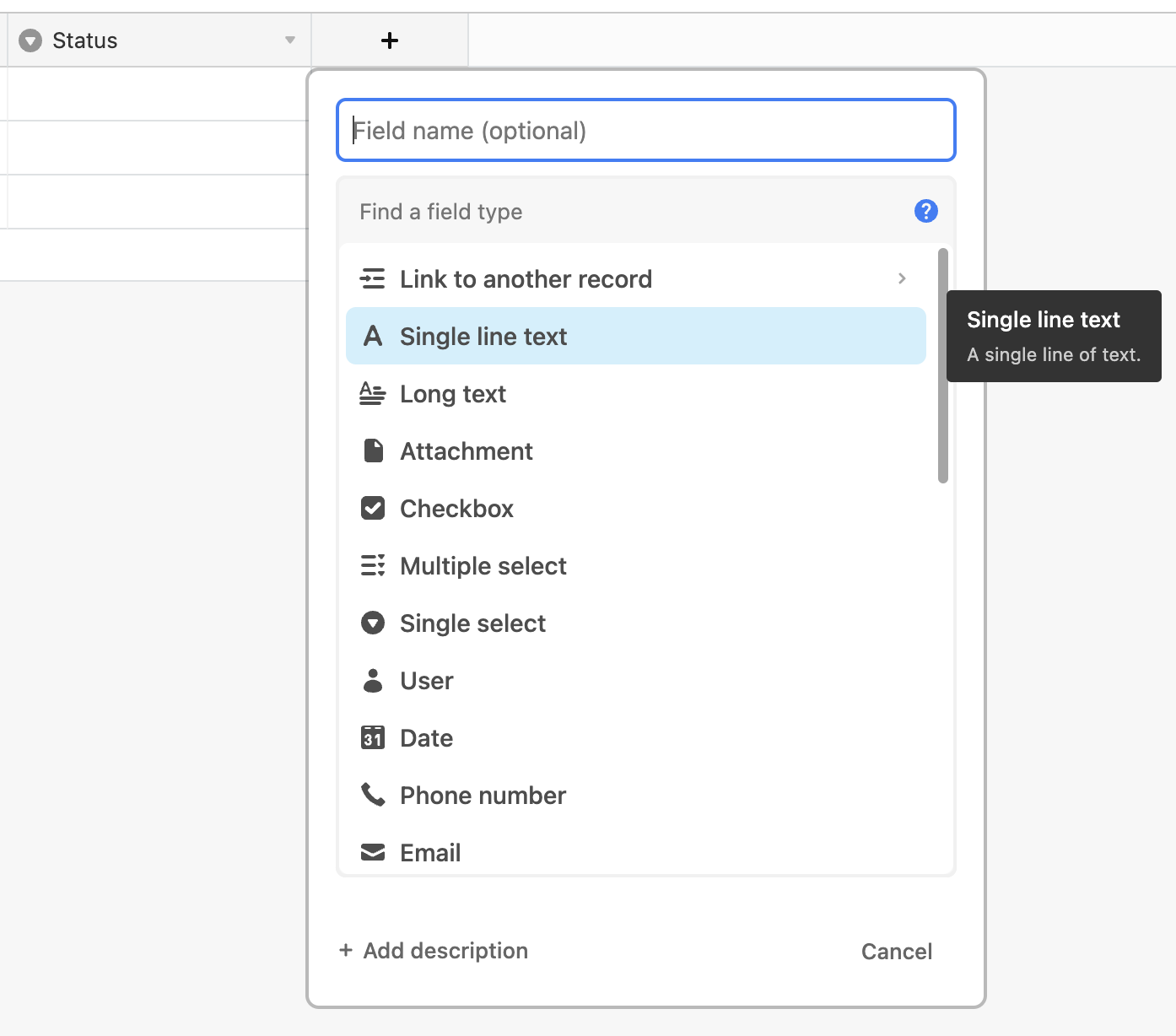 Screenshot of the Airtable base creation page