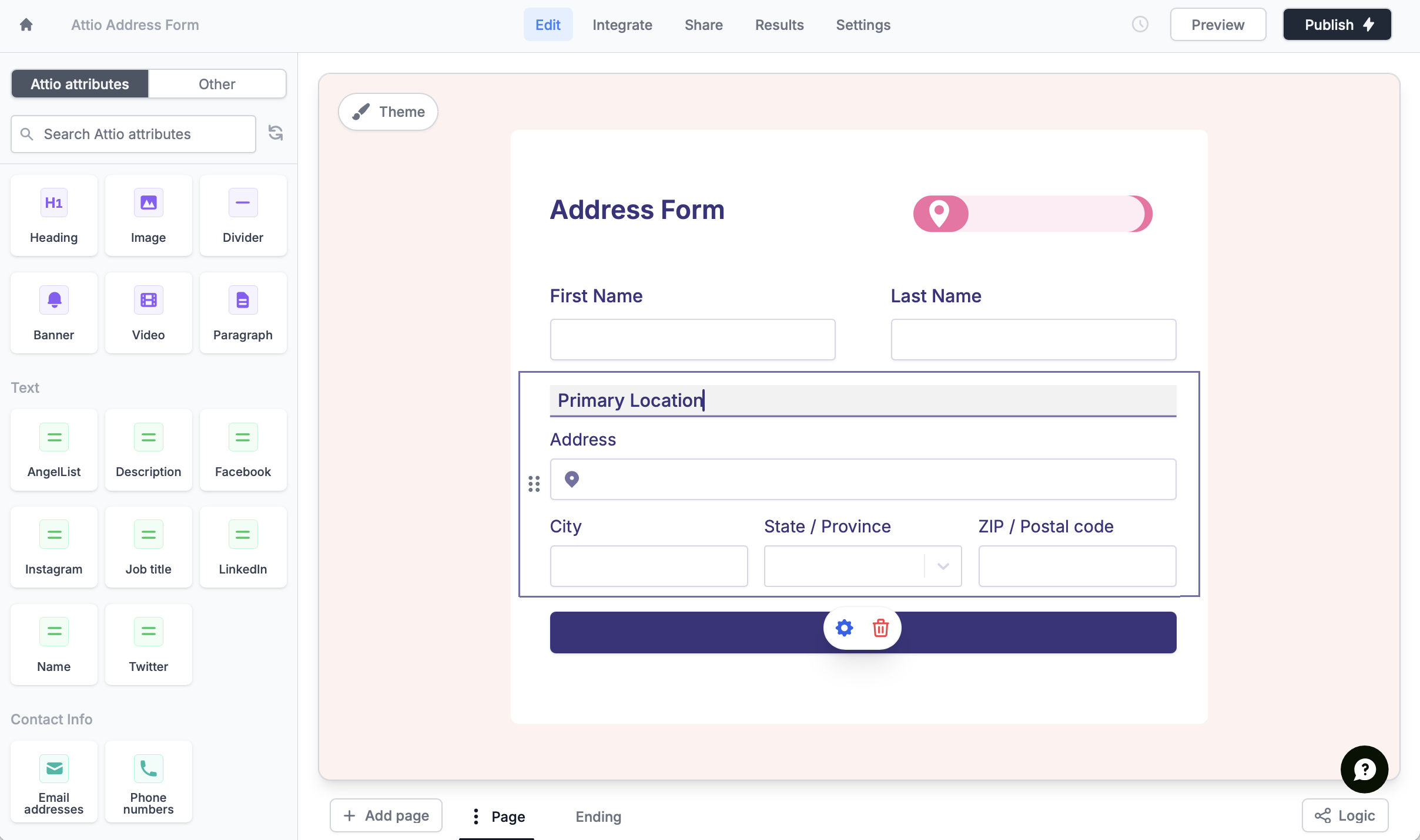 Screenshot of the Attio form creation page