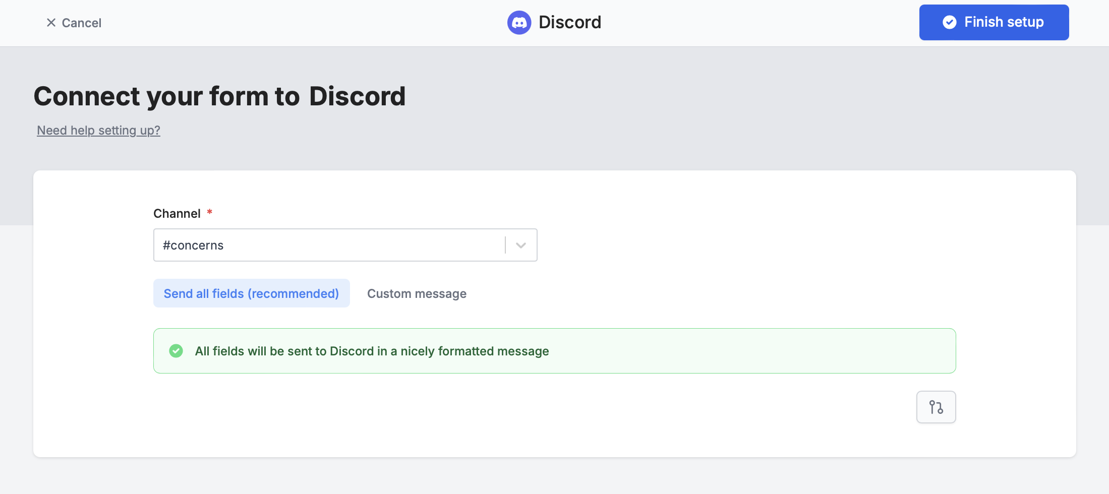 Screenshot of the Integrate tab of a form