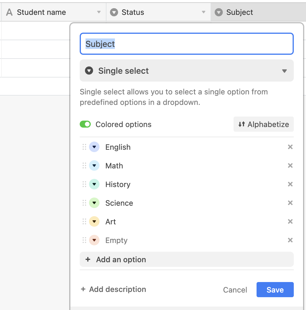 Screenshot of the Airtable base creation page