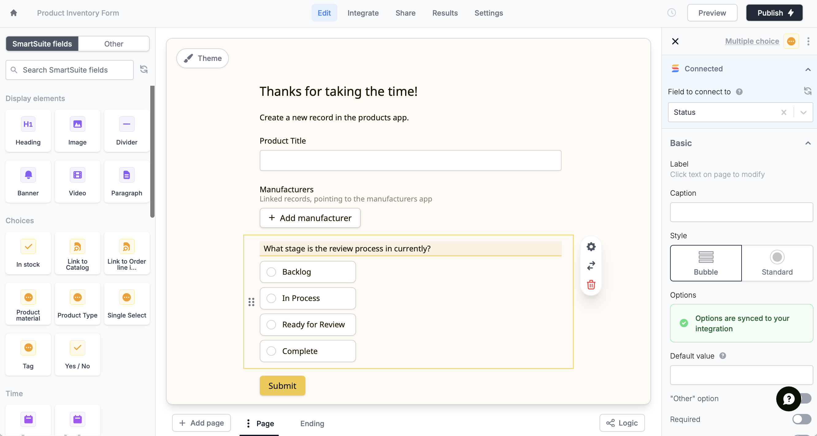 Screenshot of the SmartSuite form creation page